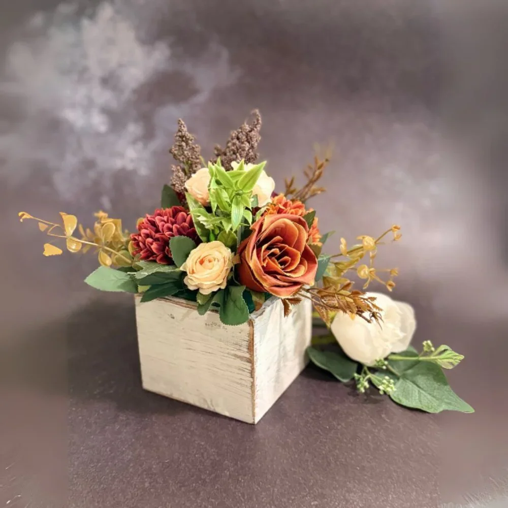 Fall Faux Floral Arrangement in Rustic Wooden Box – Home or Office Decor
